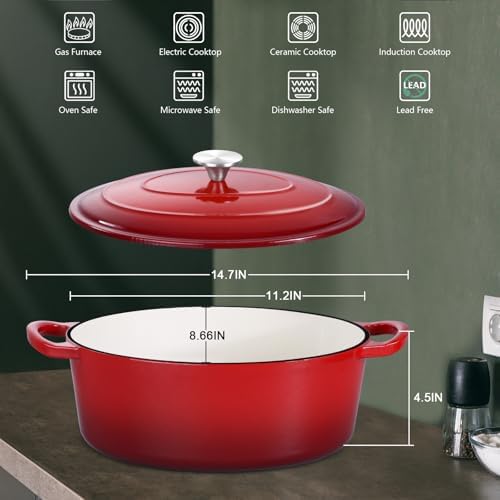 Leonyo 5-Quart Enameled Cast Iron Oval Dutch Oven Pot with Lid, Red