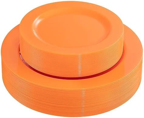 FLOWERCAT 60PCS Orange Plates - Heavy Duty Orange Plastic Plates Disposable for Fall Party & Halloween&Thanksgiving - Serve 30 Guests 10.25inch and 7.5inch