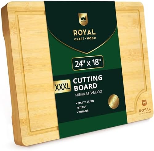 ROYAL CRAFT WOOD Bamboo Cutting Boards for Kitchen -Kitchen Chopping Board for Meat (Butcher Block) Cheese and Vegetables | Wooden Cutting Board Heavy Duty Serving Tray with Handles (XXXL, 24" x 18")