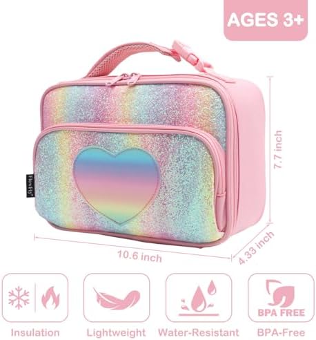 FlowFly Kids Lunch box Insulated Soft Bag Mini Cooler Back to School Thermal Meal Tote Kit for Girls, Boys,Glitter-RainBow