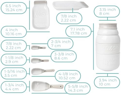 Comfify White Mason Jar Measuring Set – 4 Cups, 4 Spoons, Spoon Rest