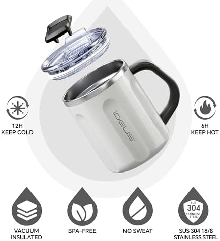 Ideus 16 oz Insulated Coffee Mug with Lid and Handle (Snow Mountain White)