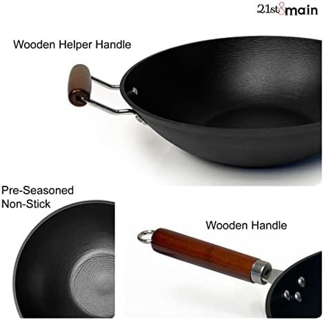 21st & Main Light weight Cast Iron Wok, Stir Fry Pan, Wooden Handle, 14 Inch, chef’s pan, pre-seasoned nonstick, commercial and household, for Chinese Japanese and others Cooking