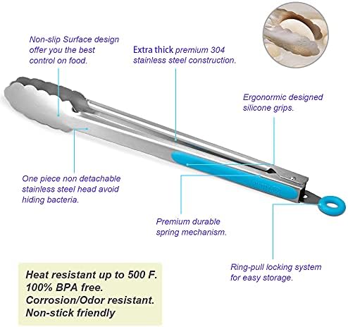 Premium 304 Stainless Steel Tongs Set – 12" Grill Tongs & 9" Cooking Tongs, Heat Resistant up to 600°F, Wavy Grip Head, Non‑Slip Handle with Locking Clip & Hanging Loop, Dishwasher Safe, Blue