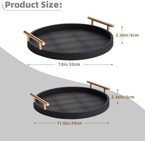 2 Piece Black Round Serving Tray with Handles, Woven-Texture Faux Leather Ottoman Tray for Living Room, Decorative Tray for Coffee Table Home Decor