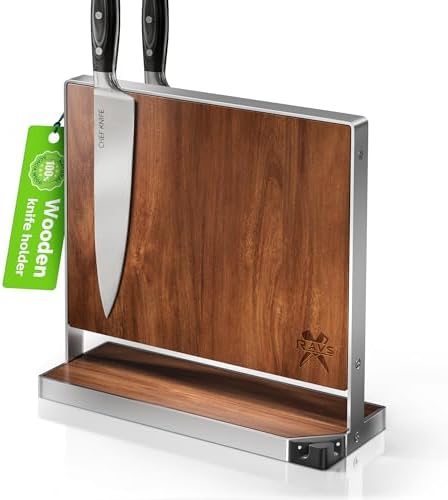 RAVS Magnetic Knife Holder for Countertop, Double-Sided Acacia Wood Magnetic Knife Block with Stainless Steel Frame, Freestanding Knife Storage Rack with Knife Sharpener, Magnetic Knife Holder Stand