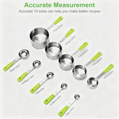 Bopei 10-Pcs Stainless Steel Measuring Cups & Spoons Set, Green Handles