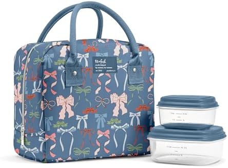Fit & Fresh Bloomington Lunch Bag for Women - Insulated Large Lunch Box for Work with Containers, Leak-Resistant, Stain-Resistant, Zipper Closure, Denim Bows