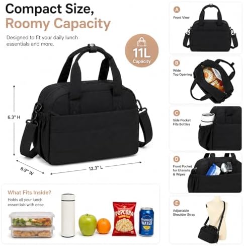 CAMTOP Lunch Box for Women Men Insulated Lunch Bag Lunch Tote Bag Leakproof Thermal Cooler Large Capacity for Travel Work School Picnic (Black, Medium)