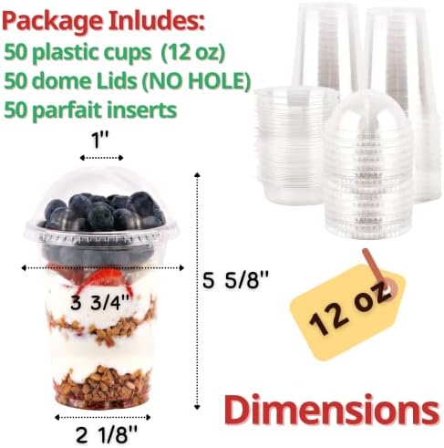 Aatriet 12 oz Clear Plastic Parfait Cups with Insert 3.25oz & Dome Lids No Hole - (50 Sets) Yogurt Fruit Parfait Cups for Kids, for Dips and Veggies, Take Away Breakfast and Snacks. No Leaking