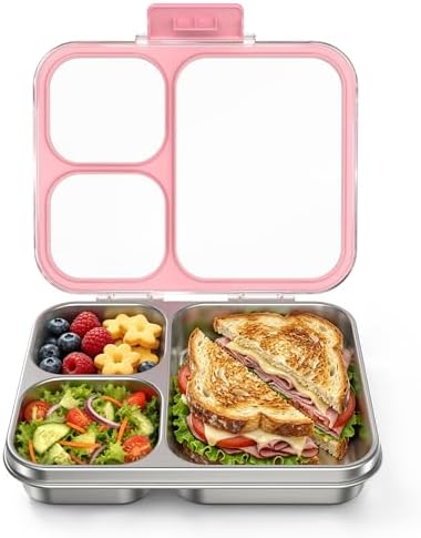 HOMEKOL Stainless Steel Bento Lunch Box 3-Compartment, 4.2Cups, Pink
