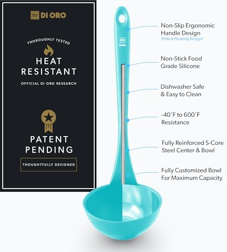 DI ORO Silicone Ladle - Soup & Serving, 600F Heat Resistant, Teal