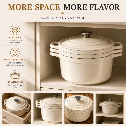 AHJ Enameled Cast Iron Dutch Oven Set - 4 Piece Cookware Set with Lids