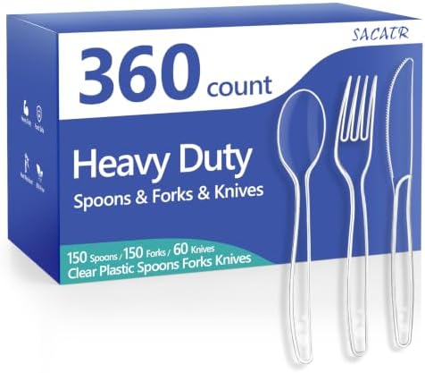 SACATR 360 Count Clear Plastic Silverware Heavy Duty -Forks, Spoons,Knives
