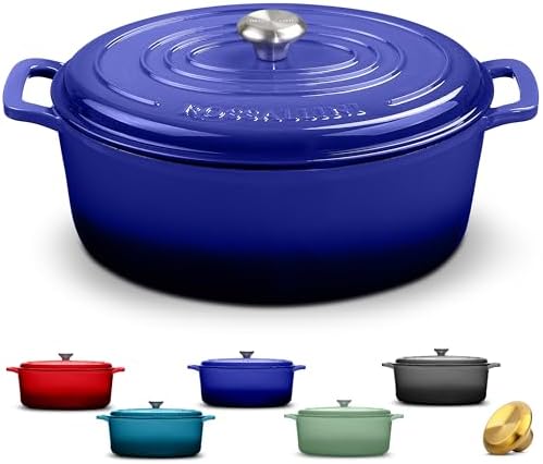 ROSSALLINI Signature Enameled Cast Iron Oval Dutch Oven | Non-Stick Serving Pot with Tight Fitting Lid for Perfect Roasting, Baking, Sauteing, and Bread Making | 15.5Q [Indigo Blue]