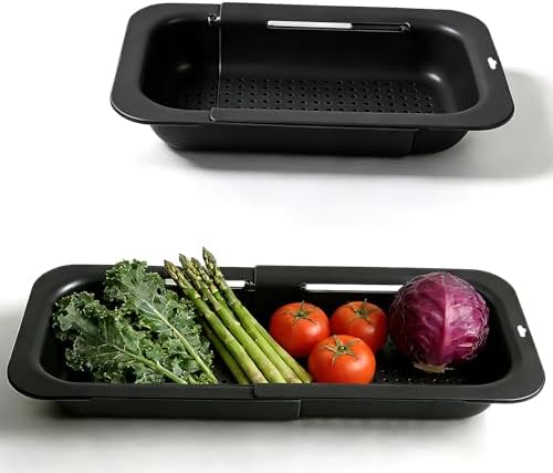 Extendable Colander Strainer Basket, Over the Sink Colander and Strainer for Kitchen, Wash Vegetables and Fruits, Drain Pasta and Dry Dishes, Adjustable Colander from 13.5In to 18.7In, Black