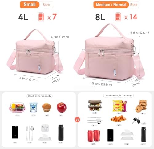NOL Insulated Lunch Bags for Women Cooler Bag Lightweight Nylon Waterproof Lunch Box For Work - Small, Pink