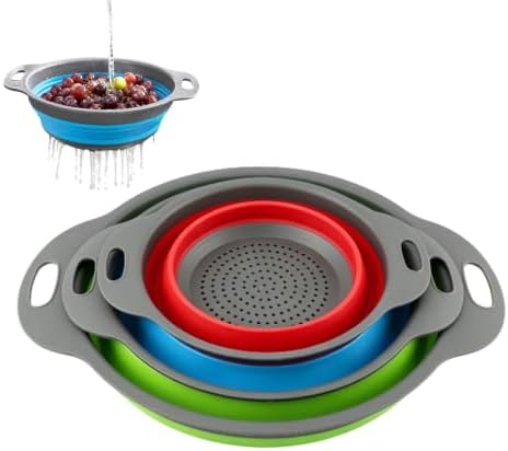 Collapsible Colander Set, 3 Pack Silicone Kitchen Strainer Set, Space Saving Design, Small Round Colander Baskets for Draining Pasta, Vegetable and fruit, (2Qt+3Qt+5Qt)