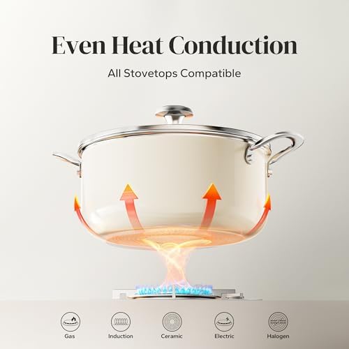 Redchef Ceramic Stock Pot with Lid, Soup Pot for All Stoves, 5 Qt Induction Cooking Pot for Soup Nonstick, Even Heating, Stay-Cool Handles, Oven/Dishwasher Safe, PTFE PFAS Free (Beige)