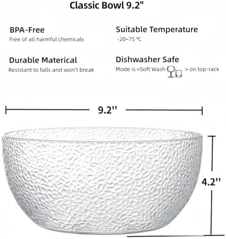 118 oz Acrylic Salad Bowls, 9.2" Serving Bowls for Fruits, Popcorn, Chips, Dips, Condiments, Break-Resistant Set of 2, Clear Circular