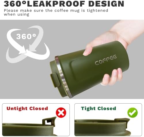 Insulated Travel Coffee Mug, Stainless Steel Coffee Cup with Leakproof Lid