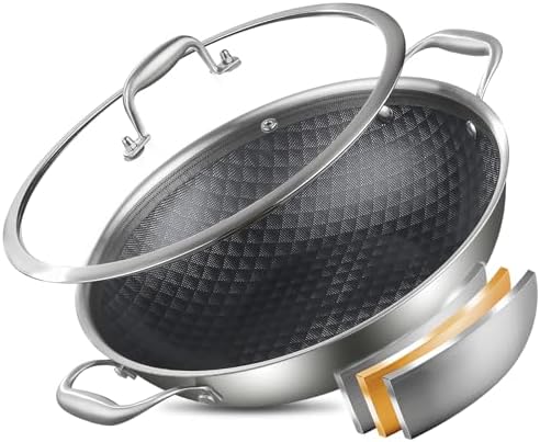 DELARLO 12 Inch Stainless Steel Nonstick Wok Pan with Lid 5Qt Pot