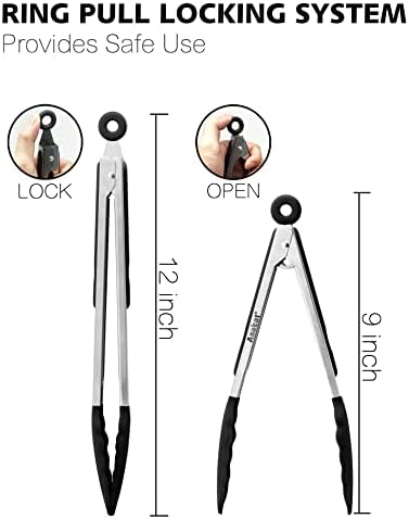 Anaeat Non-Stick Silicone Locking Tong Set of 2 - Stainless Steel 9" and 12" Kitchen Food Tongs with Non-Slip Silicone Tips and Grip for Cooking, Baking and BBQ - Heavy Duty & Heat Resistant (Black)