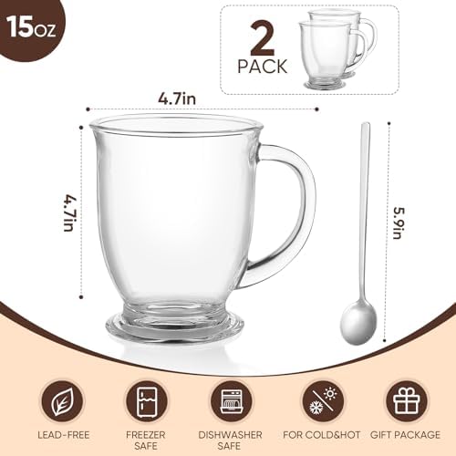 VENVENWEAVS Glass Coffee Mugs Set of 2,15 OZ Lead-free Clear Coffee Cups For Cappuccino,Latte,Tea,Glass Coffee Cups with handles