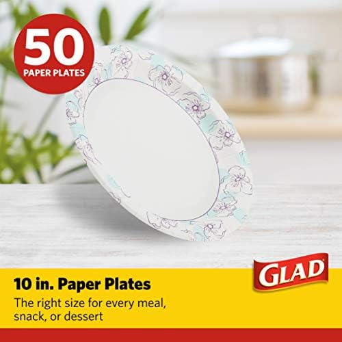 Glad Round Paper Plates, Blue Flower Design, 10 Inch, 50 Count