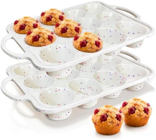RICCLE Silicone Muffin Pans for Baking with Metal Reinforced Frame, 12-Cup Cupcake Pan, 2 Pcs Muffin Trays for Cupcake Baking, Tray Molds, Oven & Dishwasher Safe, BPA-Free (2 x Standard)
