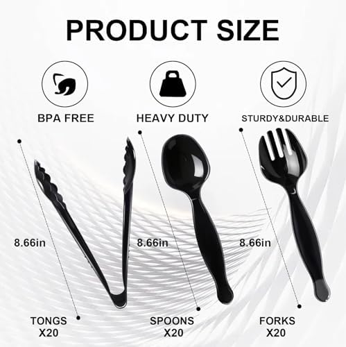 60 Pcs Disposable Black Plastic Serving Utensils,20 Set
