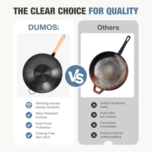 DUMOS 13.5" Carbon Steel Wok Pan, No Chemical Coating, Pre-Seasoned Flat Bottom Pow Wok for Family Meals and Camping, Compatible with Induction, Electric, Gas, Open Fire, Black