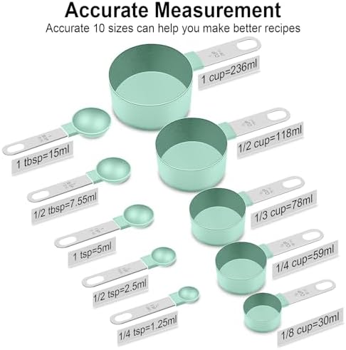 Measuring Cups and Spoons Set, 10-Piece with Stainless Steel Handles, Green