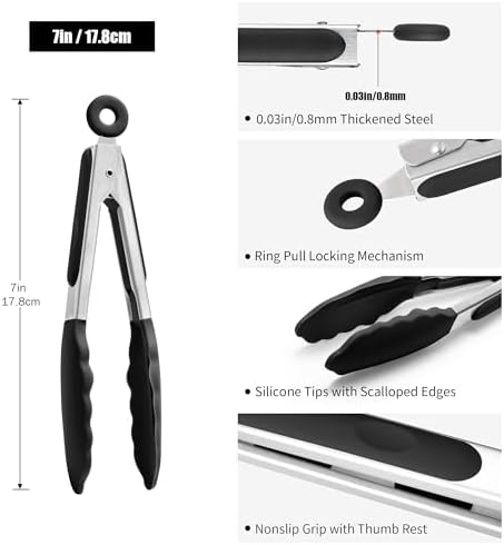 Doosu Kitchen Tongs with Silicone Tips for Cooking Serving (7in, Black)