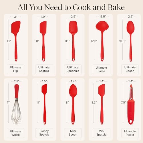 GIR: Get It Right 10-Piece Silicone Ultimate Kitchen Utensil Set – Spatulas, Ladle, Flip, Spoons, Whisk, Peeler & Spoonula – Nonstick, Non-Toxic, Heat-Resistant – Red