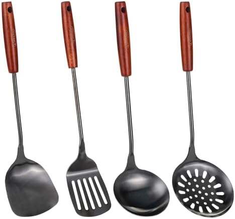 FJNATINH 17inch Wok Spatula and Ladle, Skimmer Spoon, Slotted Turner Spatula Set 304 Stainless Steel Kitchen Utensils Sets, 4-Pieces Cooking Utensils Tools Wok Accessories