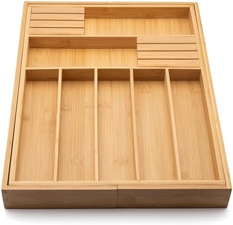 Purawood Bamboo Drawer Organizer with Knife Blocks - Silverware Organizer & Utensil Drawer Organizer, Cutlery Tray with Dividers, 7-9 Slots- Premium Kitchen Organizer for Utensils & Flatware (Natural)