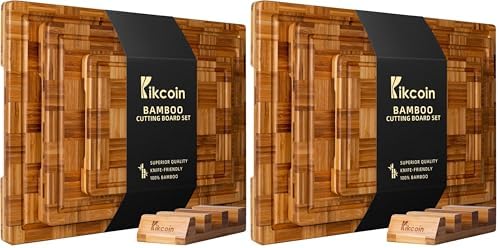 Kikcoin Extra Large Bamboo Cutting Boards, (Set of 3) Chopping Boards with Juice Groove Bamboo Wood Cutting Board Set Butcher Block for Kitchen, End Grain Serving Tray (Pack of 2)
