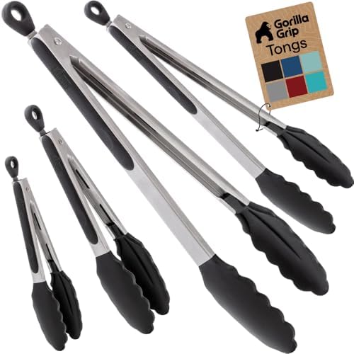 GORILLA GRIP Stainless Steel Kitchen Tongs for Cooking, 2 PK, Black