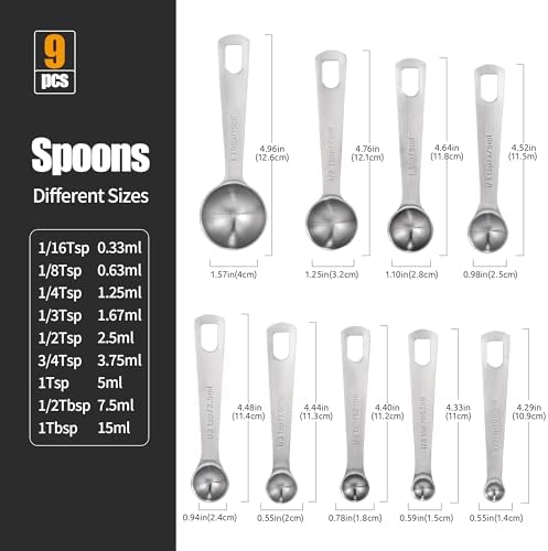 Doosu 18/8 Stainless Steel Measuring Spoons with Engraved Metric (Set of 9)