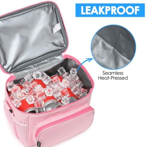 FlowFly Insulated Reusable Lunch Bag Adult Large Lunch Box for Women and Men with Adjustable Shoulder Strap,Front Zipper Pocket and Dual Large Mesh Side Pockets,Pink