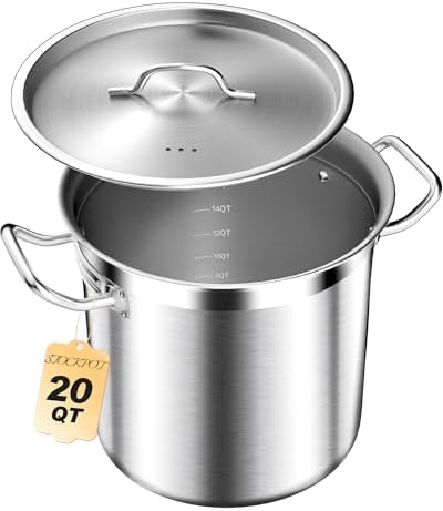 STOCKPOT 20 Quart Soup Pot with Lid – Stainless Steel Stock Pot, Heavy Duty Cooking Pot for Soup, Pasta, Stew – Induction & Oven Safe, Commercial & Home Use