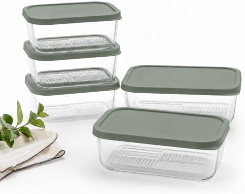 Glass Food Storage Containers with Lids - 10 Piece - 3 x 25.4 oz & 2 x 57.5 oz Glass with BPA-Free Leak Resistant Stackable Lids - Microwave, Oven & Dishwasher Safe - Ideal for Meal Prep - Soft Sage