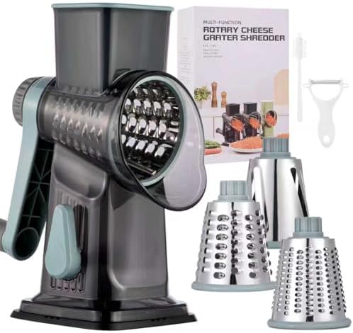 Rotary Cheese Grater with Handle Kitchen Shredder Slicer Grater Slicer Ice Shaver Cheese Vegetable Nuts Potato Zucchini Chocolate 3 Interchangeable Blades (GreyBlue)