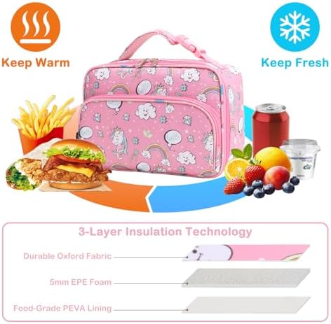 FlowFly Kids Lunch box Insulated Soft Bag Mini Cooler Back to School Thermal Meal Tote Kit for Girls, Boys, Rainbow
