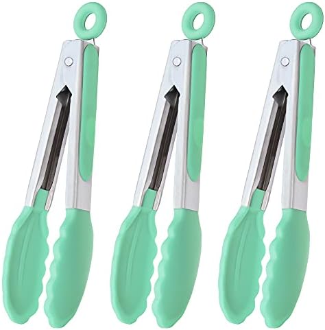 HINMAY Mini Tongs with Silicone Tips 7-Inch Cooking Tongs, Set of 3 (Mint)