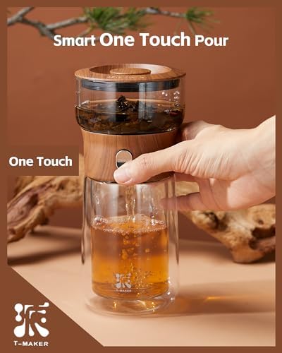 ZENS Glass Infuser Teapot, One Touch Tea Maker for Loose Leaf Tea, Walnut