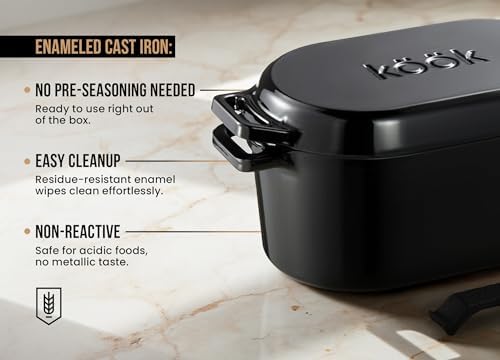 KooK Dutch Oven with Lid, Enameled Cast Iron Bread Baker, Dual Handles, 3.4 Qt, Oval, Includes Banneton Proofing Basket with Liner, Artisan Sourdough Bread Baking Set