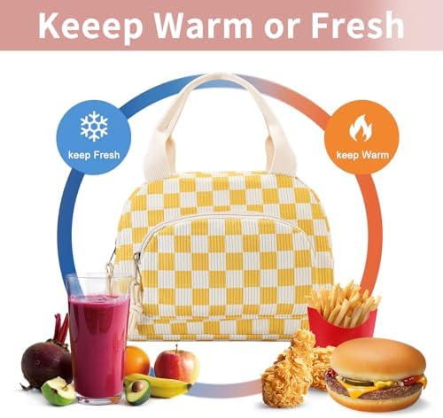 Lunch Bag Women Lunch Box for Women Adult Cute Insulated Lunch Bag Small Cooler Lunch Tote Bags for Work Picnic Travel (Beige-Yellow Plaid)