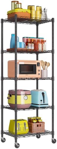 REGILLER 5-Wire Shelving Metal Storage Rack Adjustable Shelves,Standing Storage Shelf Units for Laundry Bathroom Kitchen Pantry Closet(Black,11.8" D x 16.6" W x 53.5" H,With Wheels)
